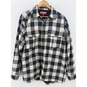 Simms Mens Coldweather Flannel Shirt Black White Plaid Waffle Fleece Lined M